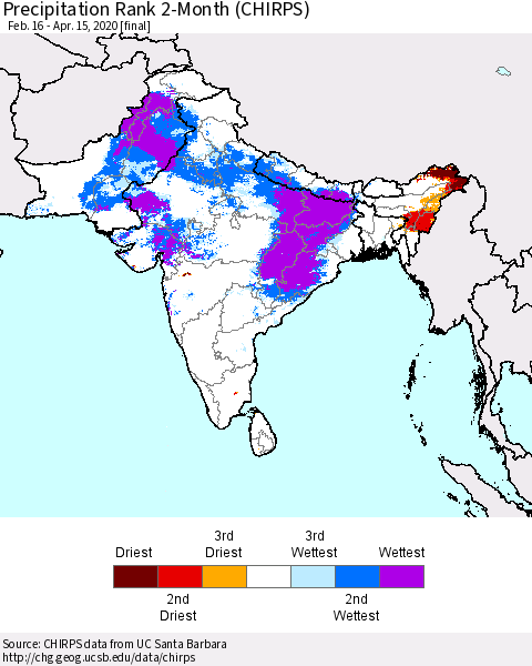 Southern Asia Precipitation Rank since 1981, 2-Month (CHIRPS) Thematic Map For 2/16/2020 - 4/15/2020