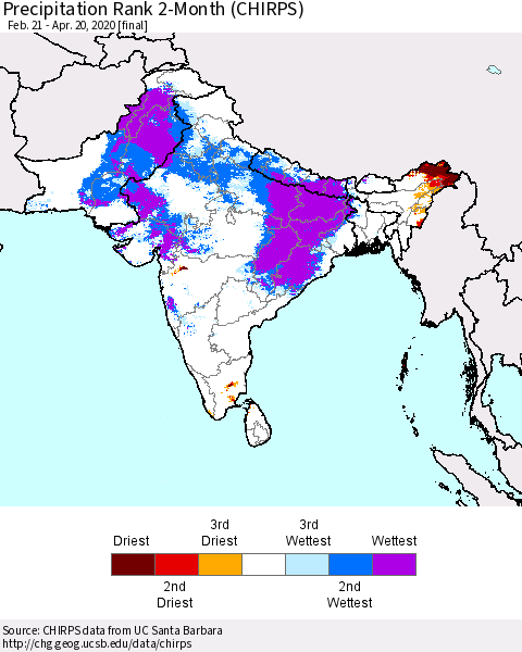 Southern Asia Precipitation Rank since 1981, 2-Month (CHIRPS) Thematic Map For 2/21/2020 - 4/20/2020