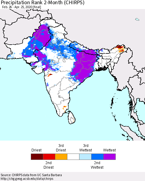 Southern Asia Precipitation Rank since 1981, 2-Month (CHIRPS) Thematic Map For 2/26/2020 - 4/25/2020