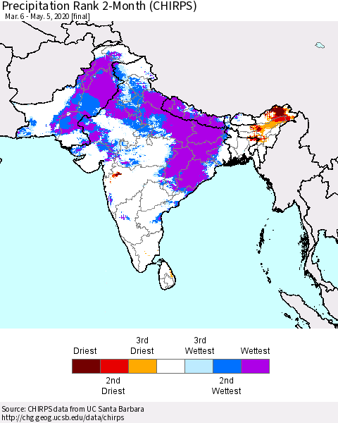 Southern Asia Precipitation Rank since 1981, 2-Month (CHIRPS) Thematic Map For 3/6/2020 - 5/5/2020