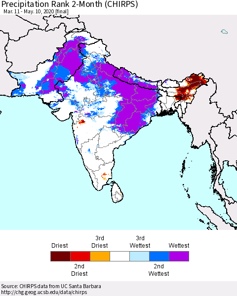 Southern Asia Precipitation Rank 2-Month (CHIRPS) Thematic Map For 3/11/2020 - 5/10/2020