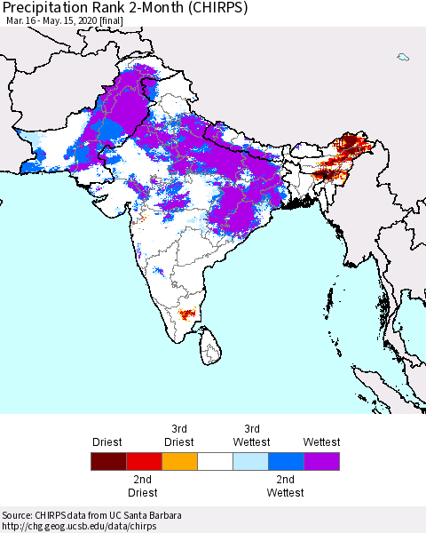 Southern Asia Precipitation Rank 2-Month (CHIRPS) Thematic Map For 3/16/2020 - 5/15/2020