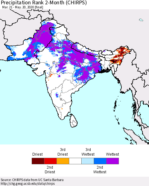 Southern Asia Precipitation Rank since 1981, 2-Month (CHIRPS) Thematic Map For 3/21/2020 - 5/20/2020