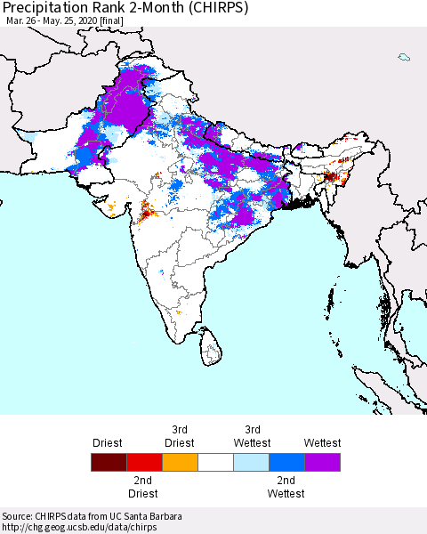 Southern Asia Precipitation Rank since 1981, 2-Month (CHIRPS) Thematic Map For 3/26/2020 - 5/25/2020