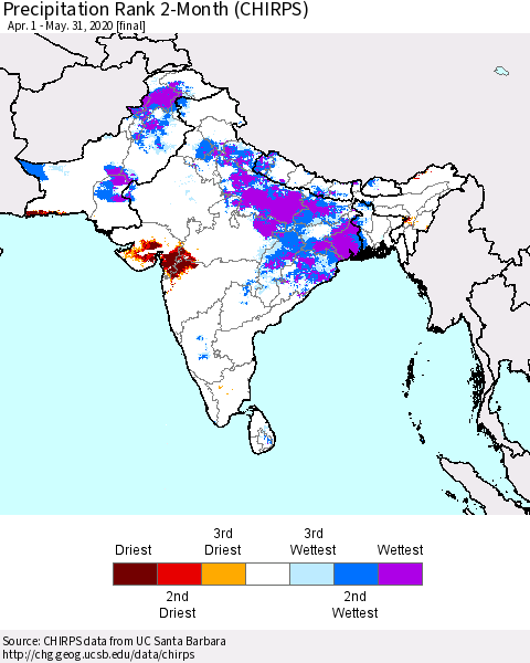 Southern Asia Precipitation Rank since 1981, 2-Month (CHIRPS) Thematic Map For 4/1/2020 - 5/31/2020