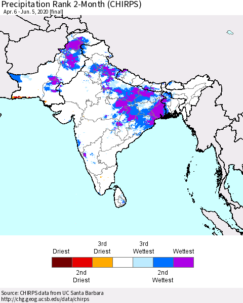Southern Asia Precipitation Rank 2-Month (CHIRPS) Thematic Map For 4/6/2020 - 6/5/2020