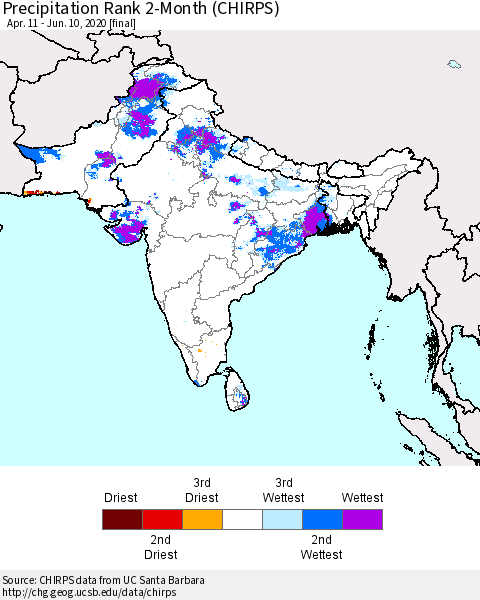 Southern Asia Precipitation Rank 2-Month (CHIRPS) Thematic Map For 4/11/2020 - 6/10/2020