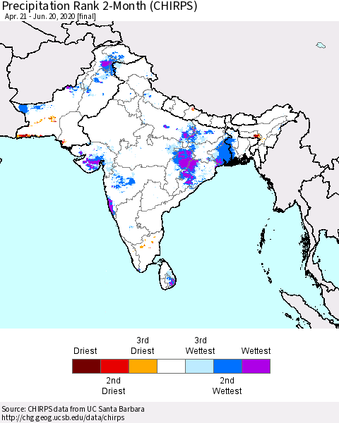 Southern Asia Precipitation Rank since 1981, 2-Month (CHIRPS) Thematic Map For 4/21/2020 - 6/20/2020