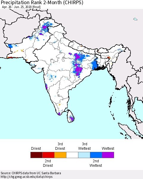 Southern Asia Precipitation Rank since 1981, 2-Month (CHIRPS) Thematic Map For 4/26/2020 - 6/25/2020