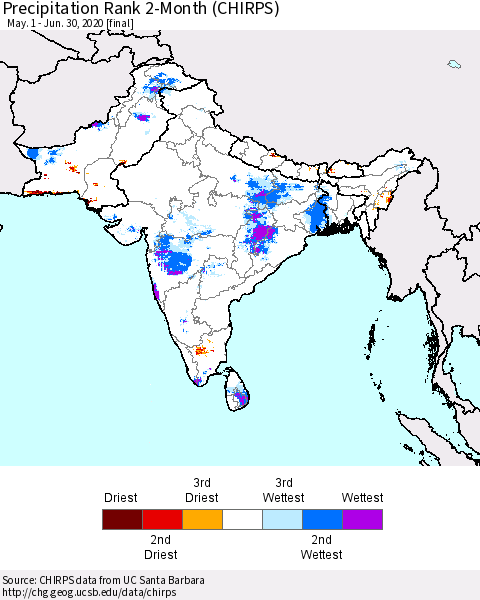 Southern Asia Precipitation Rank 2-Month (CHIRPS) Thematic Map For 5/1/2020 - 6/30/2020