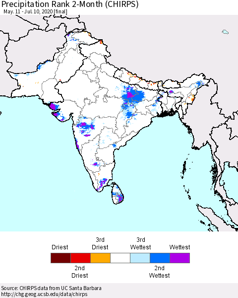 Southern Asia Precipitation Rank 2-Month (CHIRPS) Thematic Map For 5/11/2020 - 7/10/2020