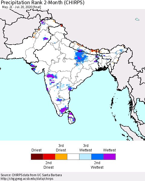 Southern Asia Precipitation Rank 2-Month (CHIRPS) Thematic Map For 5/21/2020 - 7/20/2020