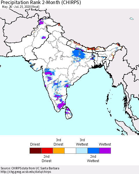 Southern Asia Precipitation Rank since 1981, 2-Month (CHIRPS) Thematic Map For 5/26/2020 - 7/25/2020