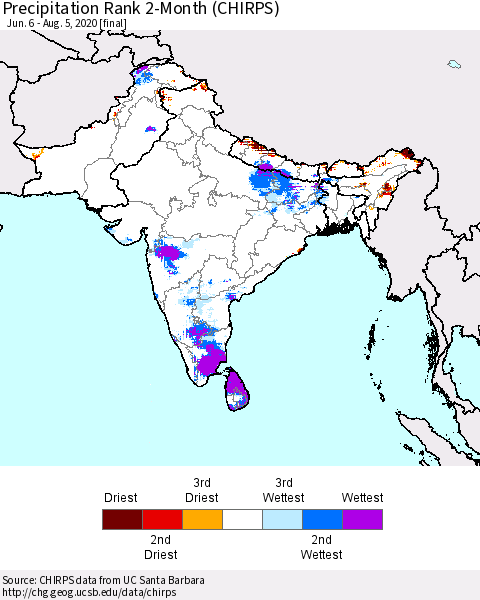 Southern Asia Precipitation Rank 2-Month (CHIRPS) Thematic Map For 6/6/2020 - 8/5/2020
