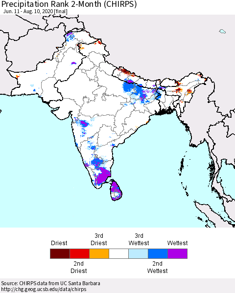 Southern Asia Precipitation Rank since 1981, 2-Month (CHIRPS) Thematic Map For 6/11/2020 - 8/10/2020
