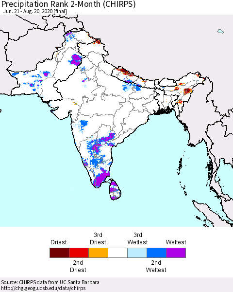 Southern Asia Precipitation Rank 2-Month (CHIRPS) Thematic Map For 6/21/2020 - 8/20/2020