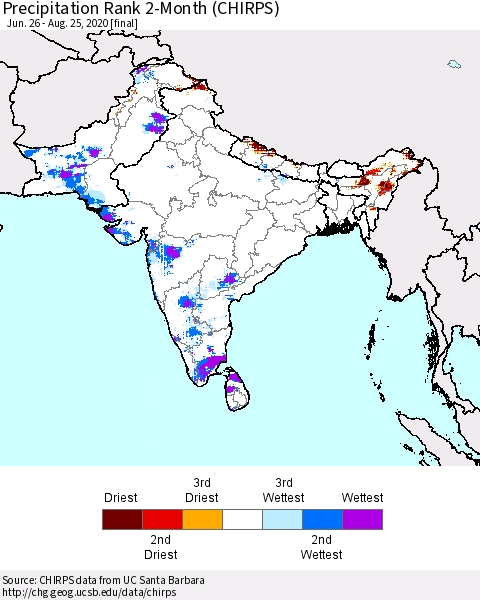 Southern Asia Precipitation Rank 2-Month (CHIRPS) Thematic Map For 6/26/2020 - 8/25/2020