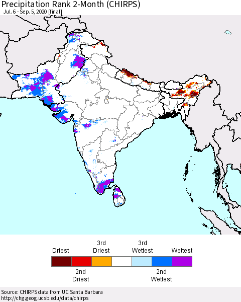 Southern Asia Precipitation Rank 2-Month (CHIRPS) Thematic Map For 7/6/2020 - 9/5/2020
