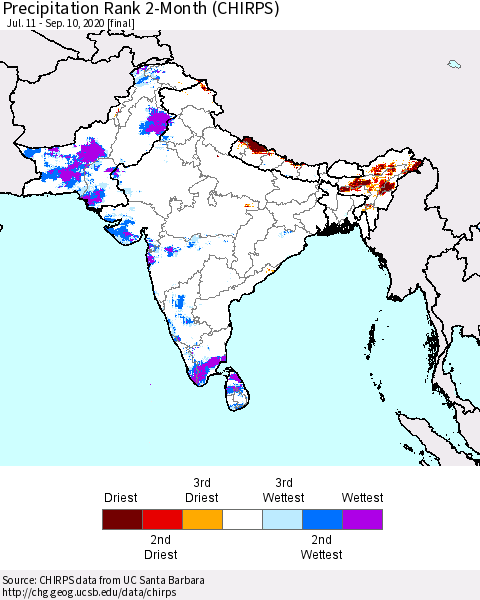 Southern Asia Precipitation Rank 2-Month (CHIRPS) Thematic Map For 7/11/2020 - 9/10/2020