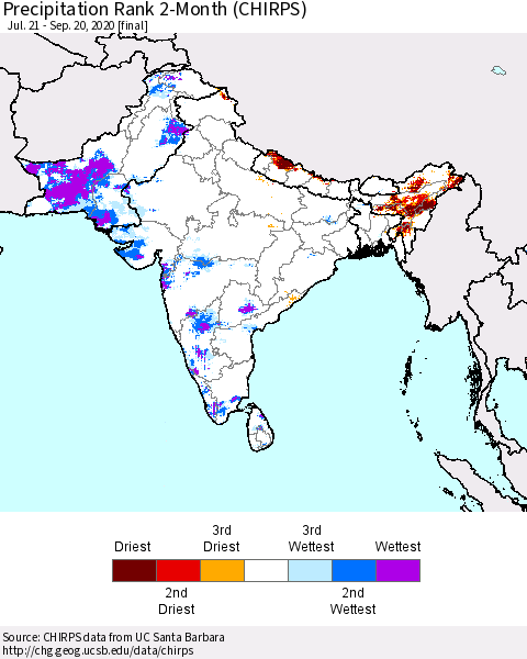 Southern Asia Precipitation Rank since 1981, 2-Month (CHIRPS) Thematic Map For 7/21/2020 - 9/20/2020