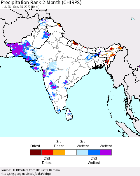 Southern Asia Precipitation Rank since 1981, 2-Month (CHIRPS) Thematic Map For 7/26/2020 - 9/25/2020