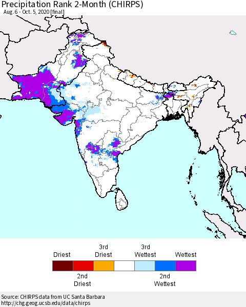 Southern Asia Precipitation Rank 2-Month (CHIRPS) Thematic Map For 8/6/2020 - 10/5/2020