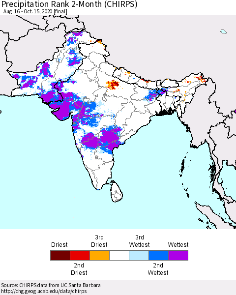 Southern Asia Precipitation Rank 2-Month (CHIRPS) Thematic Map For 8/16/2020 - 10/15/2020