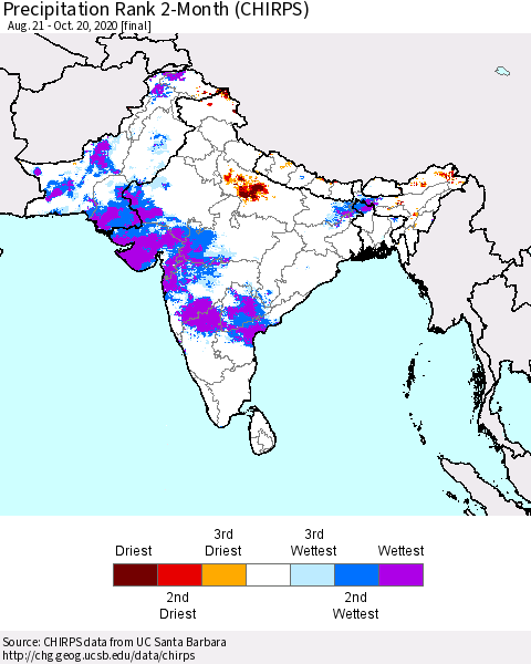 Southern Asia Precipitation Rank since 1981, 2-Month (CHIRPS) Thematic Map For 8/21/2020 - 10/20/2020