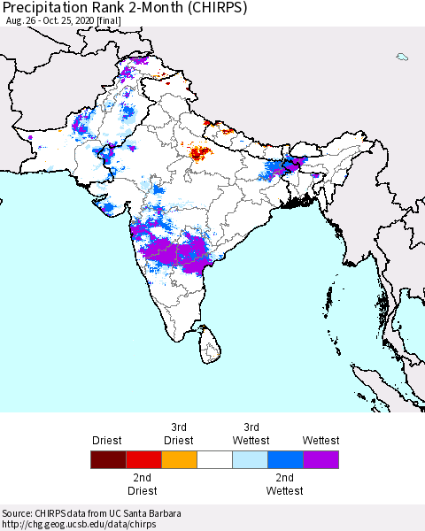 Southern Asia Precipitation Rank 2-Month (CHIRPS) Thematic Map For 8/26/2020 - 10/25/2020