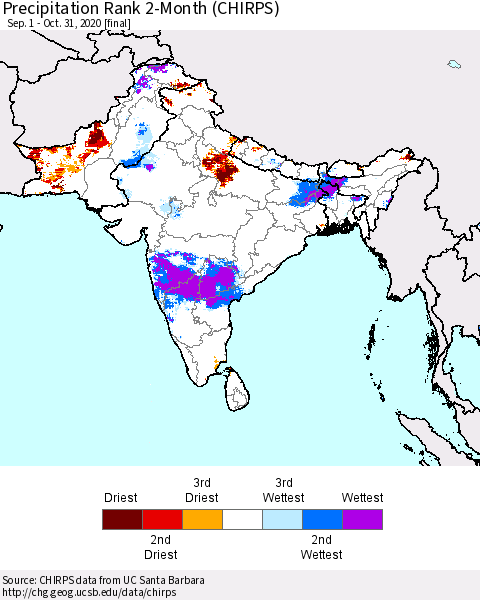 Southern Asia Precipitation Rank since 1981, 2-Month (CHIRPS) Thematic Map For 9/1/2020 - 10/31/2020