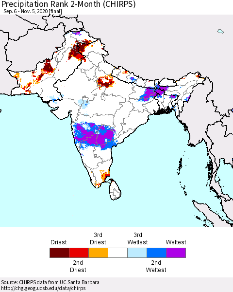 Southern Asia Precipitation Rank since 1981, 2-Month (CHIRPS) Thematic Map For 9/6/2020 - 11/5/2020