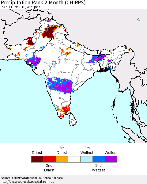 Southern Asia Precipitation Rank 2-Month (CHIRPS) Thematic Map For 9/11/2020 - 11/10/2020