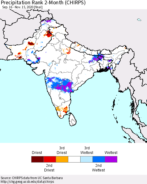Southern Asia Precipitation Rank 2-Month (CHIRPS) Thematic Map For 9/16/2020 - 11/15/2020