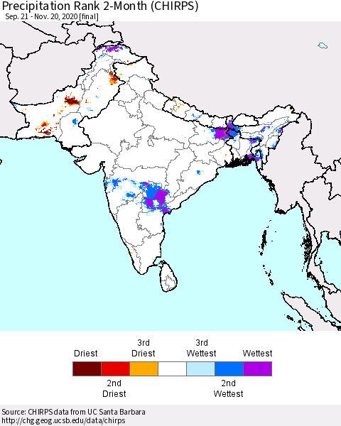 Southern Asia Precipitation Rank 2-Month (CHIRPS) Thematic Map For 9/21/2020 - 11/20/2020