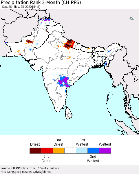 Southern Asia Precipitation Rank 2-Month (CHIRPS) Thematic Map For 9/26/2020 - 11/25/2020