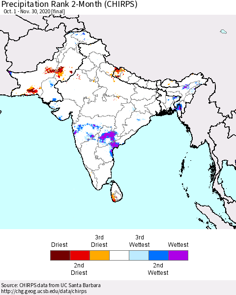 Southern Asia Precipitation Rank 2-Month (CHIRPS) Thematic Map For 10/1/2020 - 11/30/2020