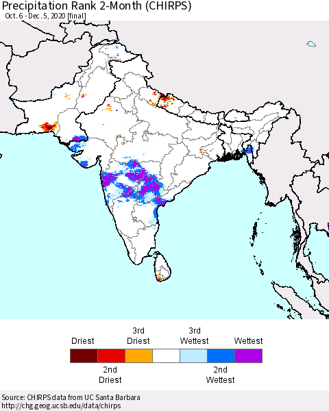 Southern Asia Precipitation Rank 2-Month (CHIRPS) Thematic Map For 10/6/2020 - 12/5/2020
