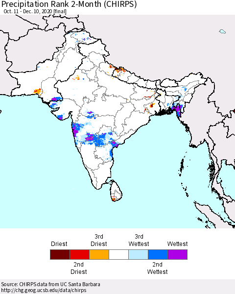 Southern Asia Precipitation Rank 2-Month (CHIRPS) Thematic Map For 10/11/2020 - 12/10/2020