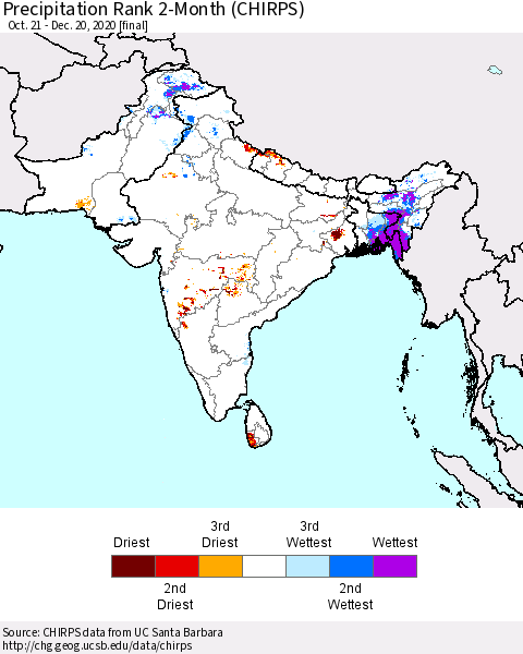 Southern Asia Precipitation Rank 2-Month (CHIRPS) Thematic Map For 10/21/2020 - 12/20/2020