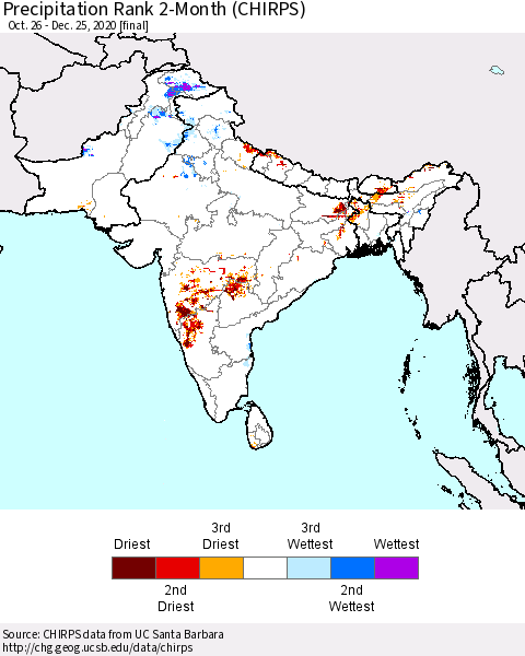 Southern Asia Precipitation Rank since 1981, 2-Month (CHIRPS) Thematic Map For 10/26/2020 - 12/25/2020