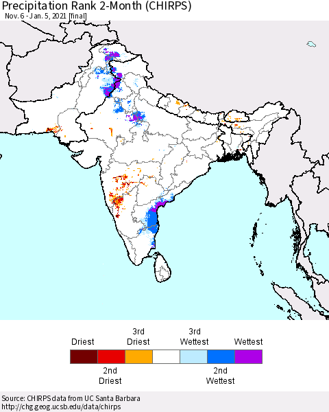 Southern Asia Precipitation Rank 2-Month (CHIRPS) Thematic Map For 11/6/2020 - 1/5/2021