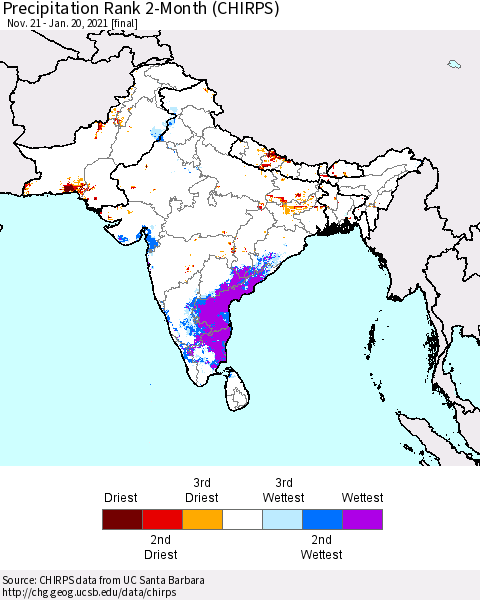Southern Asia Precipitation Rank 2-Month (CHIRPS) Thematic Map For 11/21/2020 - 1/20/2021