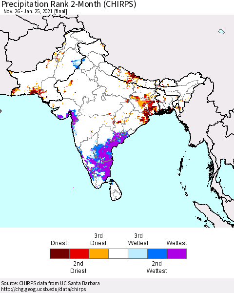 Southern Asia Precipitation Rank 2-Month (CHIRPS) Thematic Map For 11/26/2020 - 1/25/2021