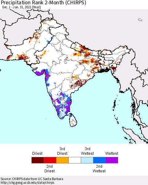 Southern Asia Precipitation Rank since 1981, 2-Month (CHIRPS) Thematic Map For 12/1/2020 - 1/31/2021