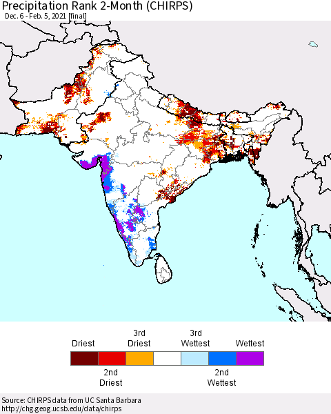 Southern Asia Precipitation Rank 2-Month (CHIRPS) Thematic Map For 12/6/2020 - 2/5/2021