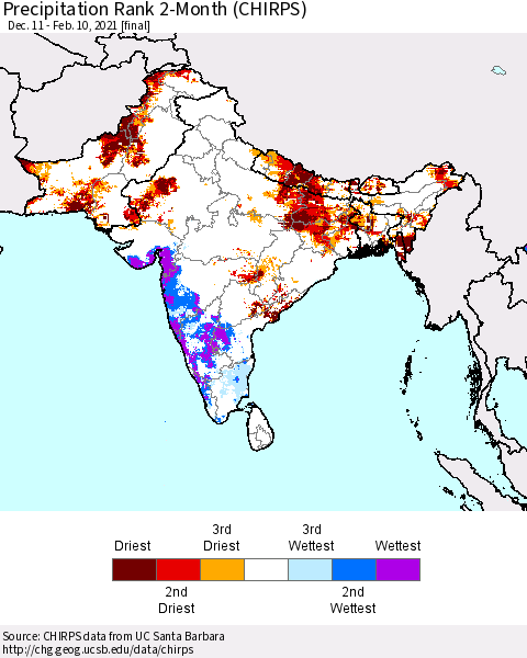 Southern Asia Precipitation Rank 2-Month (CHIRPS) Thematic Map For 12/11/2020 - 2/10/2021