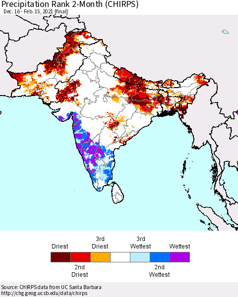 Southern Asia Precipitation Rank since 1981, 2-Month (CHIRPS) Thematic Map For 12/16/2020 - 2/15/2021