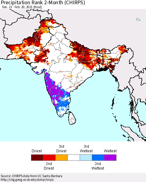 Southern Asia Precipitation Rank 2-Month (CHIRPS) Thematic Map For 12/21/2020 - 2/20/2021