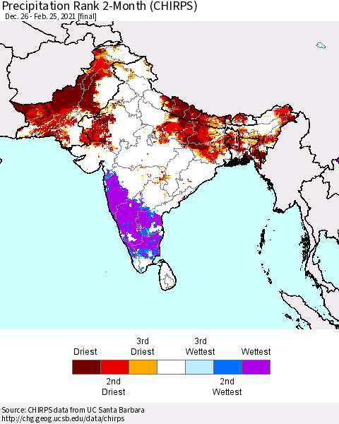 Southern Asia Precipitation Rank since 1981, 2-Month (CHIRPS) Thematic Map For 12/26/2020 - 2/25/2021