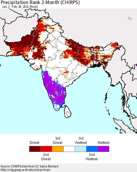 Southern Asia Precipitation Rank 2-Month (CHIRPS) Thematic Map For 1/1/2021 - 2/28/2021